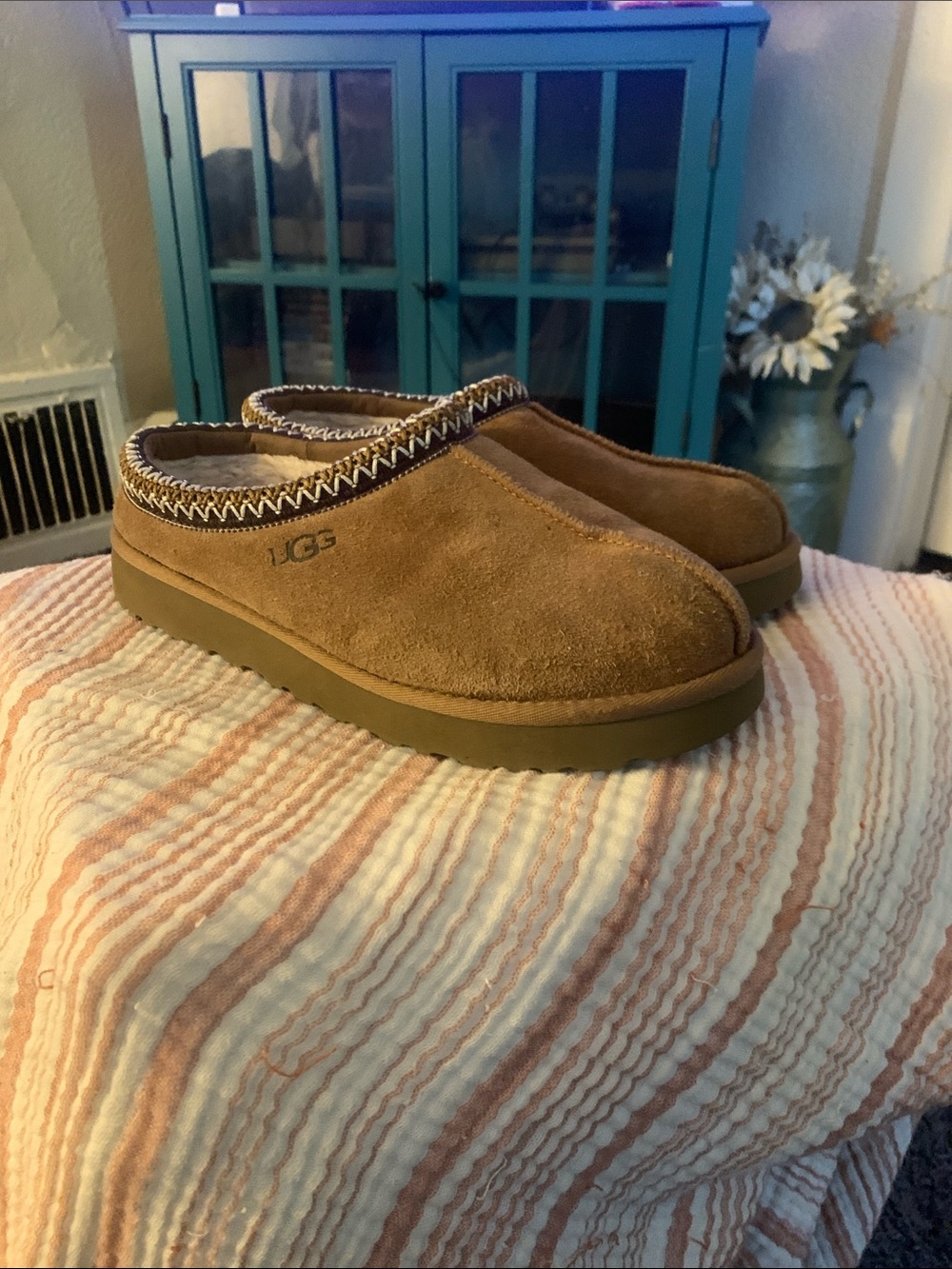 UGG Chestnut Suede Fur-Lined Mule Clogs